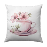 Floral Tea Cup Pillow, Watercolor Flowers Design, Elegant Tea Party Decor, Pink Flowers Pillow, Decorative Couch Pillow, Home Decor - Tawshia
